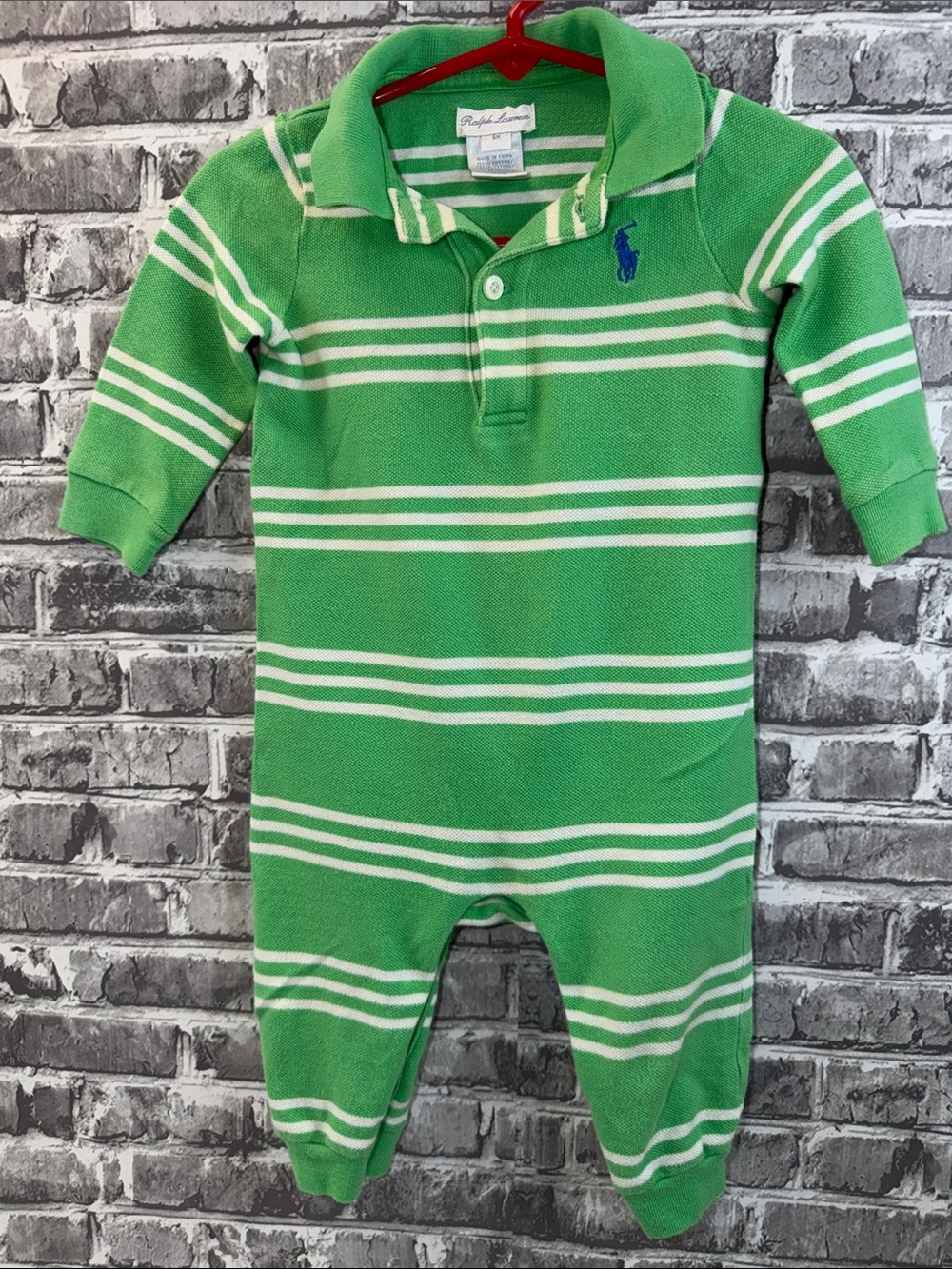 Ralph Lauren Green and White Striped Polo One-Piece romper